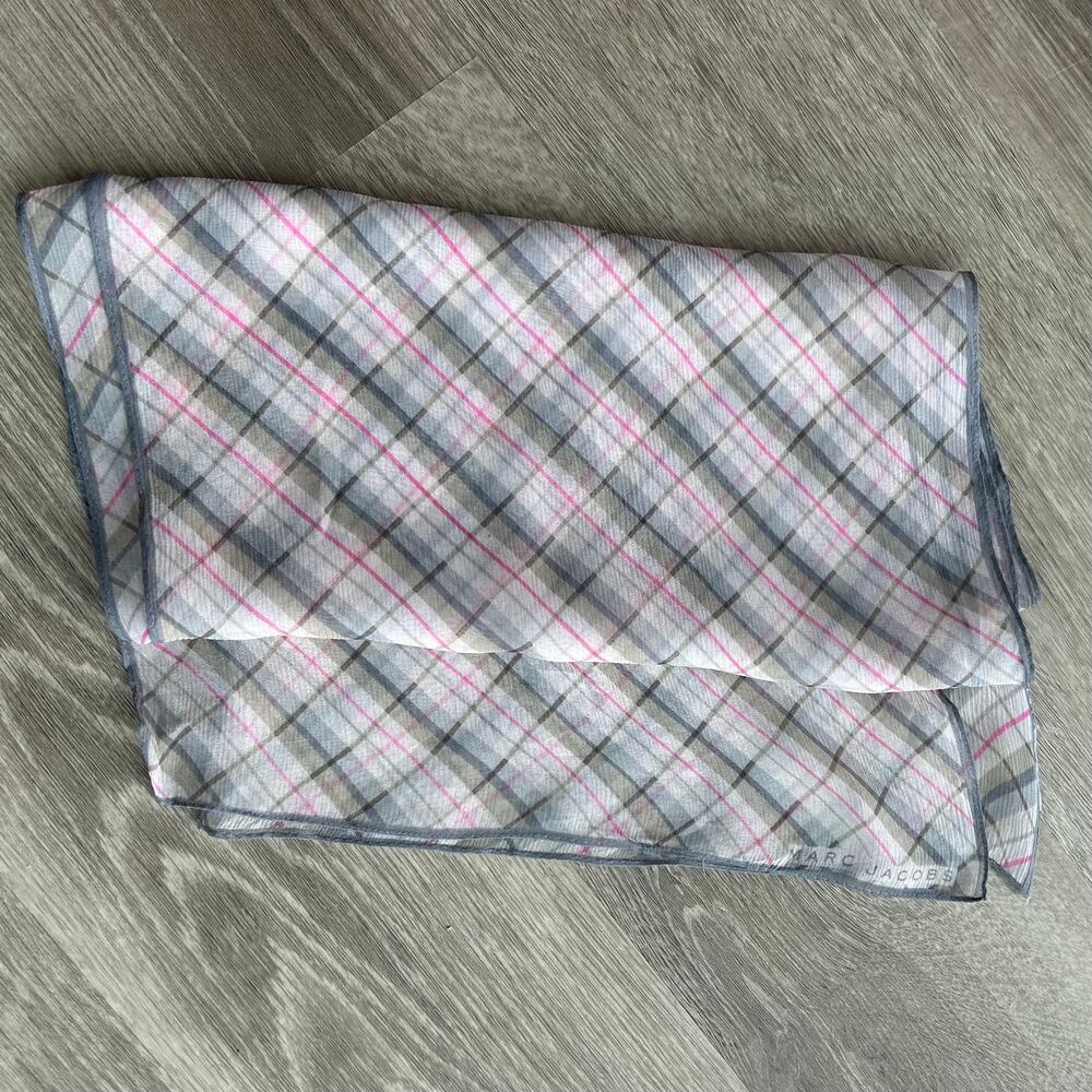 Marc Jacobs Silk Plaid Rectangular Scarf Lightweight Logo Detail - Picture 7 of 12